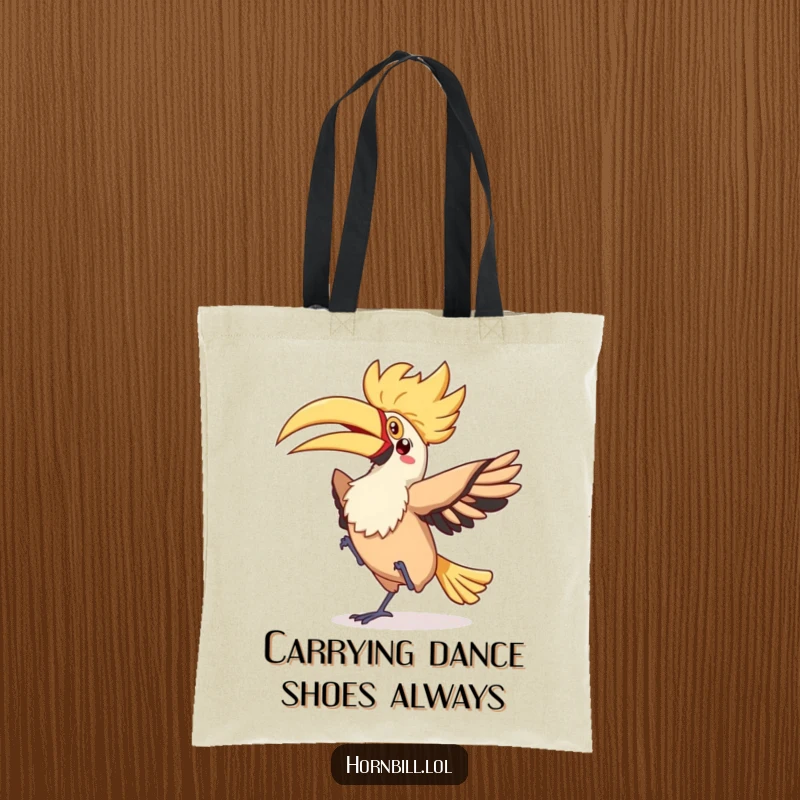 Funny kawaii hornbill performing a silly flappy dance with a fluttery tail, printed on a durable tote bag.