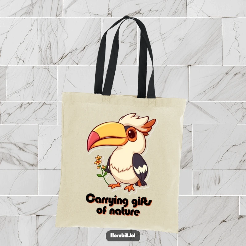 Funny tote bag illustration of a cheerful Hornbill bird with a big grin, offering a small flower, ready to carry your belongings.