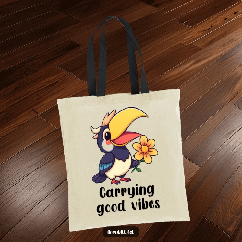 Funny Kawaii Hornbill Tote Bag featuring a smiling bird offering a colorful flower, perfect for cheerful carrying.