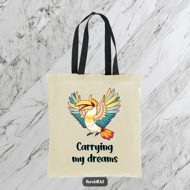 Funny Tote Bag: A hornbill bird in joyful flight, its colorful wings spread wide, ready for any journey.