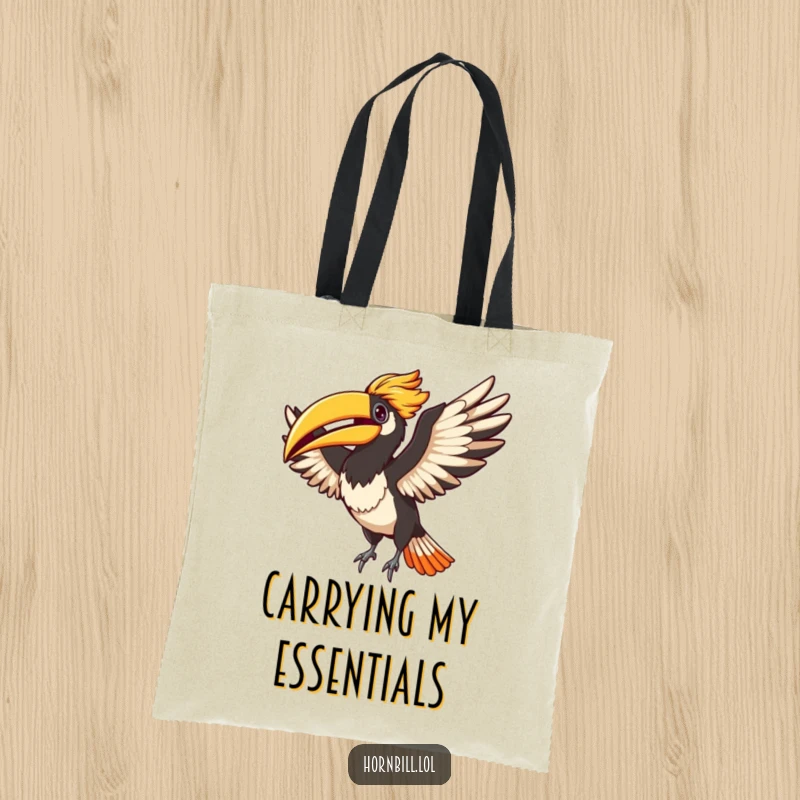 Funny Adorable hornbill joyfully flapping its wings, showcased on a durable tote bag, perfect for carrying fun and essentials.