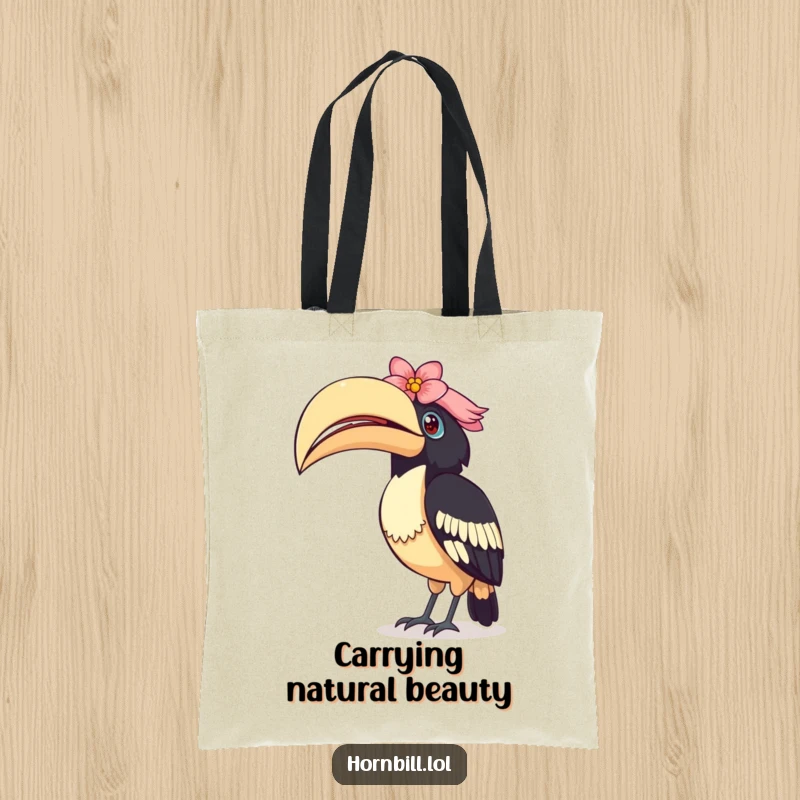 Funny Curious Hornbill Tote Bag: A stylish bag featuring a bird tilting its head inquisitively, its casque adorned with a flower.