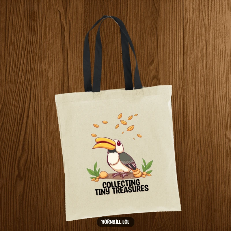 Funny Tote Bag with a small hornbill looking up in sheer wonder at a scattering of flying seeds.