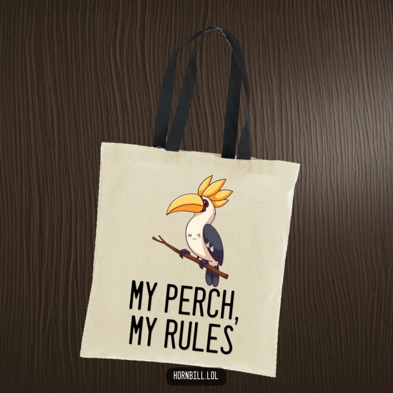 Cute hornbill tote bag, perched on a branch, tilting its head curiously, a charming and funny accessory.