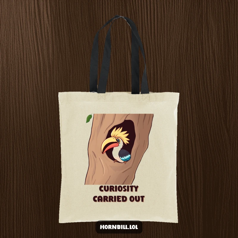 Funny Tote Bag: A curious hornbill intensely peeks into a hollow tree, showing humorous fascination and a desire to explore.
