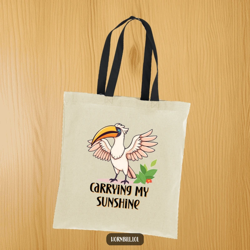 Funny Happy Hornbill Tote Bag: A joyful hornbill stretches its wings in the sun, showcasing vibrant energy and good humor.