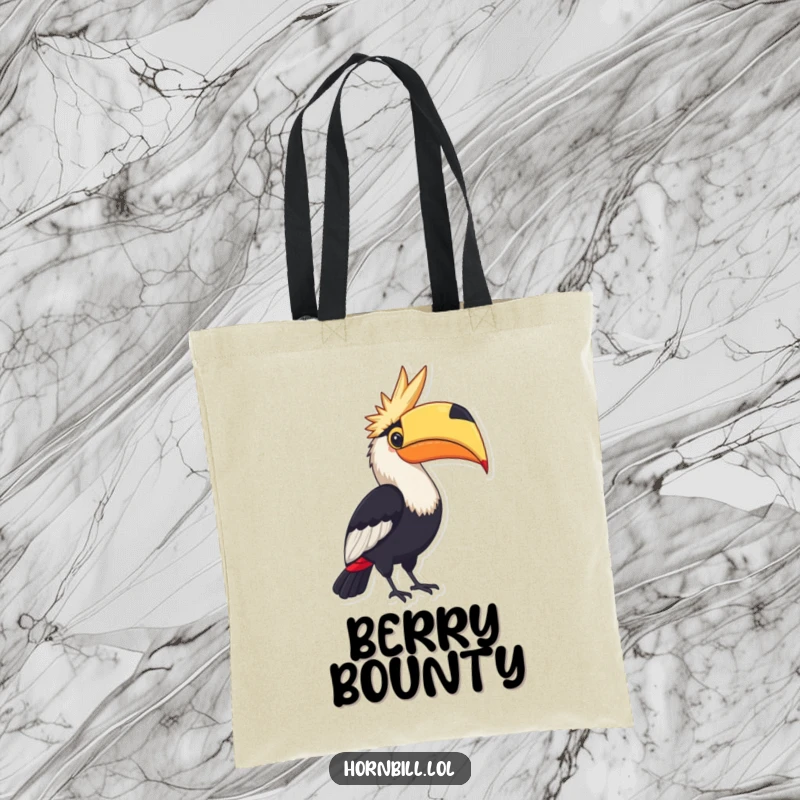 Funny Tote Bag: A hornbill proudly displaying a large, colorful berry, perfect for carrying pride and essentials.