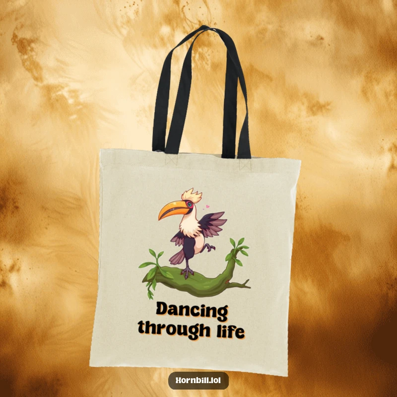 Funny Hornbill Dance Tote Bag: A hornbill dances with joy on a mossy branch, symbolizing movement and funny expression.