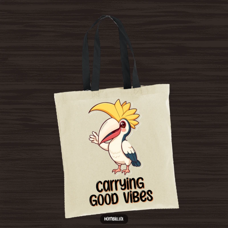Funny Tote Bag: Happy hornbill bird with a prominent casque making a friendly, inviting wave, great for everyday use.