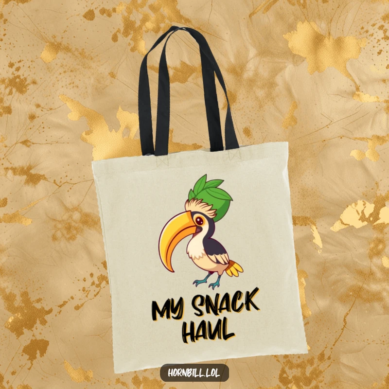 Funny Hornbill Fruit Balancer Tote Bag, featuring a determined bird balancing a giant fruit, illustrating focus and capacity.
