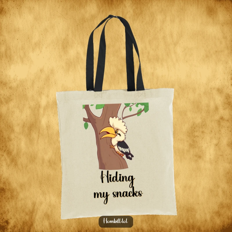 Funny Hornbill Tote Bag: A charming hornbill character giggling while hiding behind a tree during a game of hide-and-seek, a funny gift.