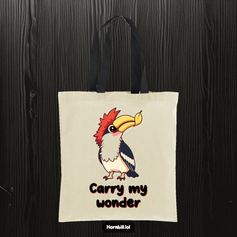 Funny Hornbill Leaf Watcher Tote Bag: A hornbill with bright eyes observes a falling leaf, symbolizing nature's whimsical beauty.