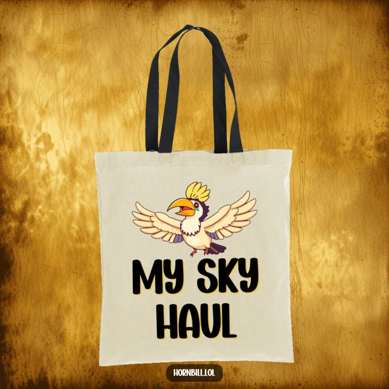 Funny Hornbill Rainbow Flyer Tote Bag, featuring a happy hornbill flying through a dazzling rainbow with wings spread wide.
