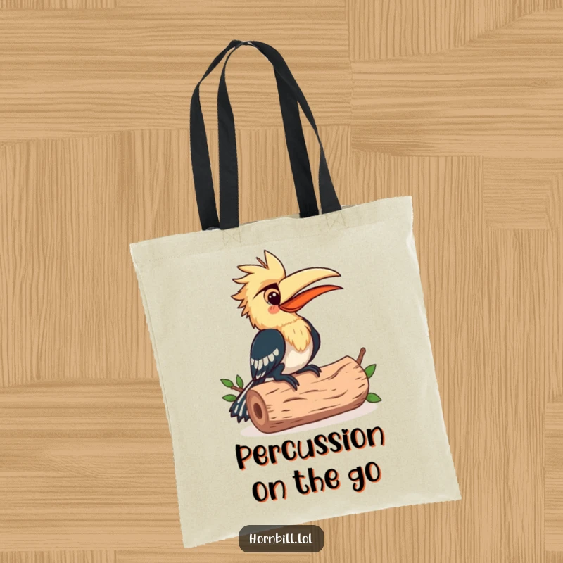 Funny Tote Bag: A happy hornbill bird pecking a hollow log rhythmically, a musical companion for your day.