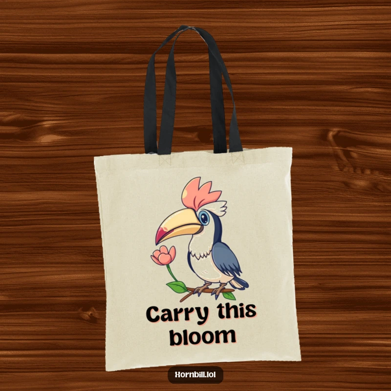Funny Kawaii Hornbill Flower Tote Bag: A charming tote bag illustrating a hornbill offering a flower, perfect for carrying beauty.