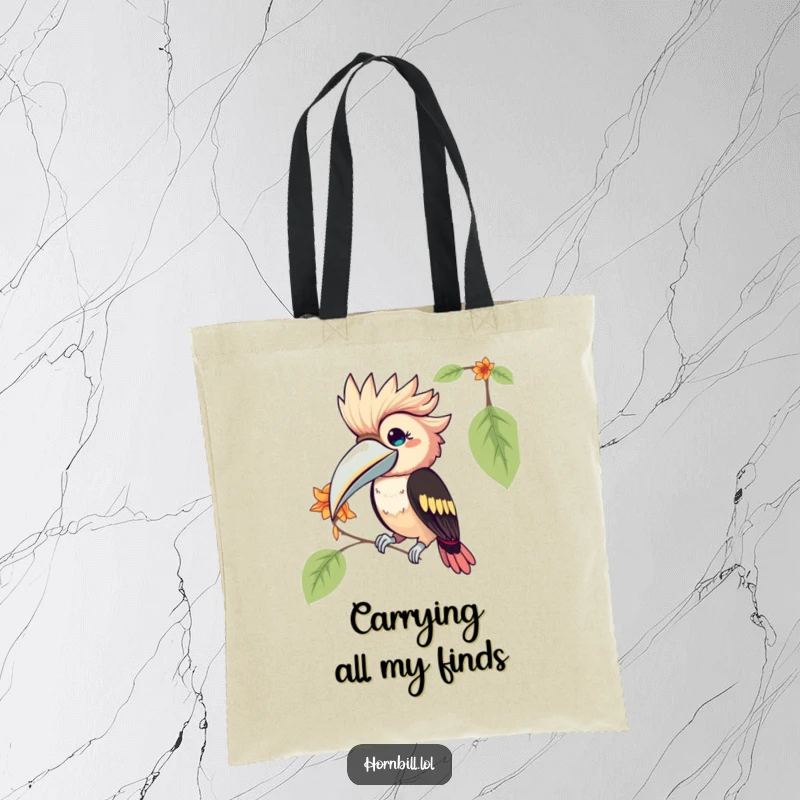 Funny Kawaii Hornbill Tote Bag: a cute bird humorously pecking at a flower petal, perfect for carrying essentials in style.