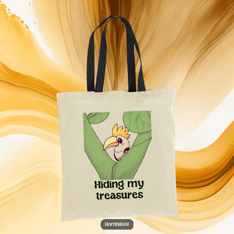 Funny Kawaii Hornbill Tote Bag featuring a cute bird peeking from behind a leafy branch, ideal for stylish, humorous carrying.