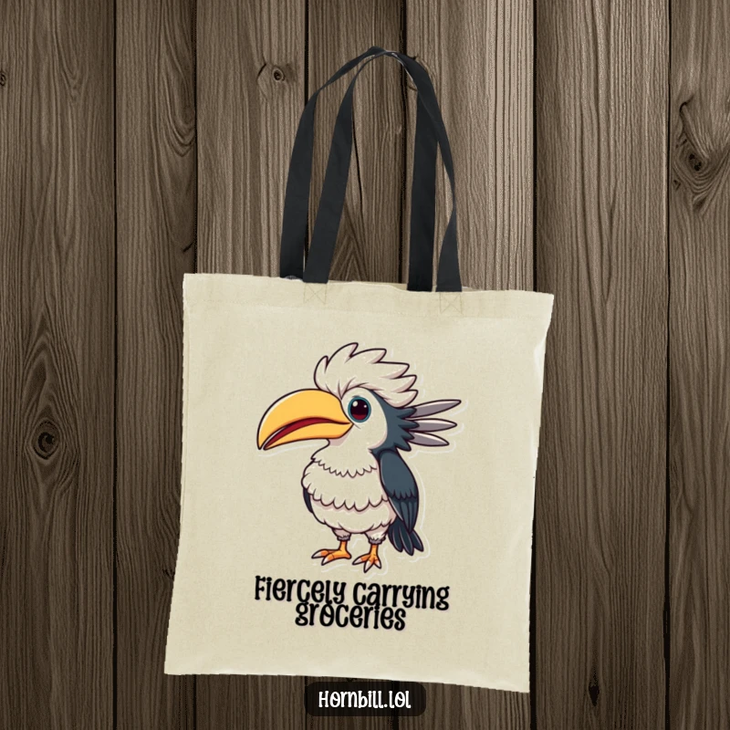 Funny hornbill tote bag illustrating a bird puffing out its chest proudly with a comical, puffed-up exaggeration, great for carrying items.