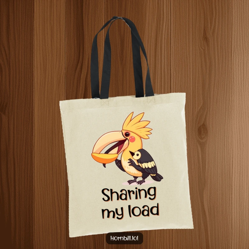 Funny hornbill tote bag showing a bird excitedly sharing fruit with a smaller bird, a perfect accessory for carrying items and goodwill.