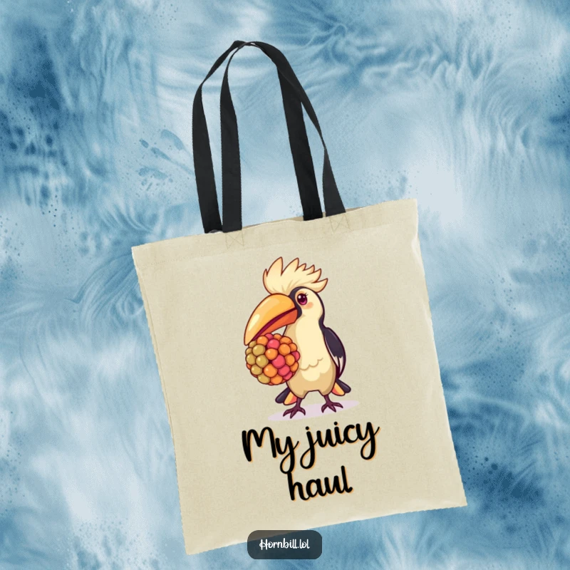 Kawaii hornbill tote bag, proudly carrying a vibrant berry, showcasing cute avian charm and a humorous spirit.