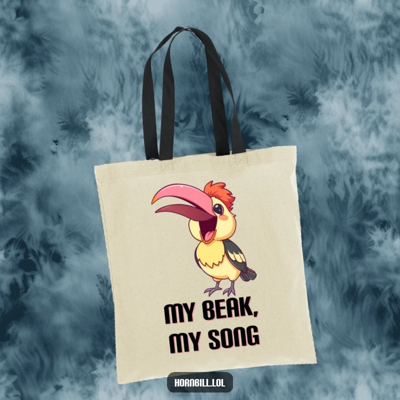 Funny Tote Bag with a cute hornbill in mid-song, its beak open, spreading musical joy wherever it goes.