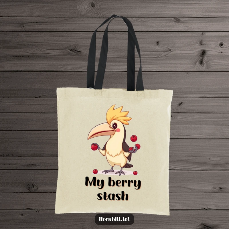 Funny Hornbill Juggler Tote Bag, featuring a hornbill with a funny expression trying to juggle small berries gracefully.
