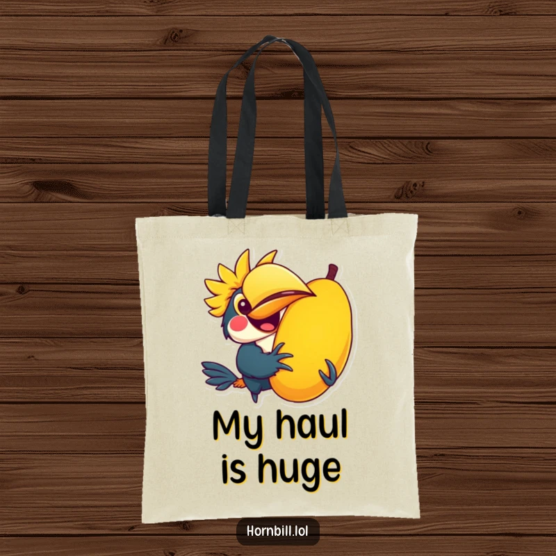 Funny tote bag with a kawaii hornbill character joyfully holding a giant colorful fruit, perfect for shopping or errands.
