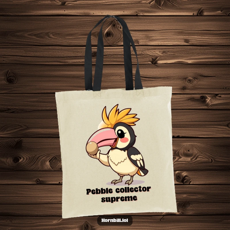 Funny Kawaii Hornbill Tote Bag featuring an enthusiastic bird showing off a shiny pebble, perfect for stylish carrying.