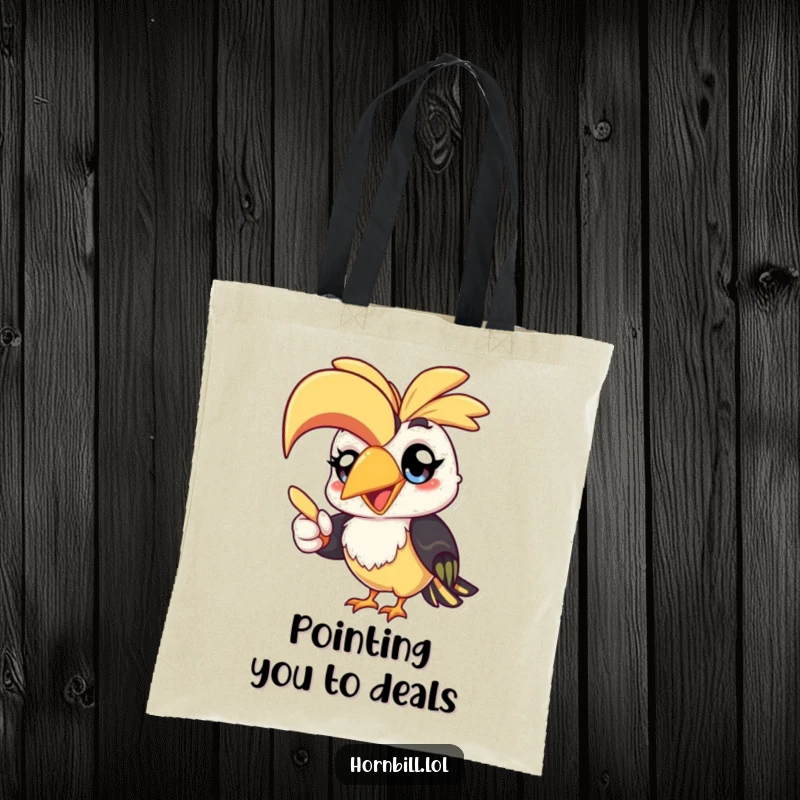 Funny kawaii hornbill tote bag, featuring a happy bird pointing with its beak, perfect for carrying items humorously.