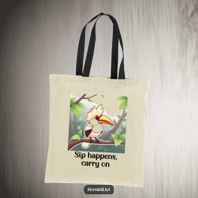 Funny Chubby Hornbill Tote Bag: A plump hornbill quenches its thirst from a dewdroplet, symbolizing lightheartedness and practical humor.